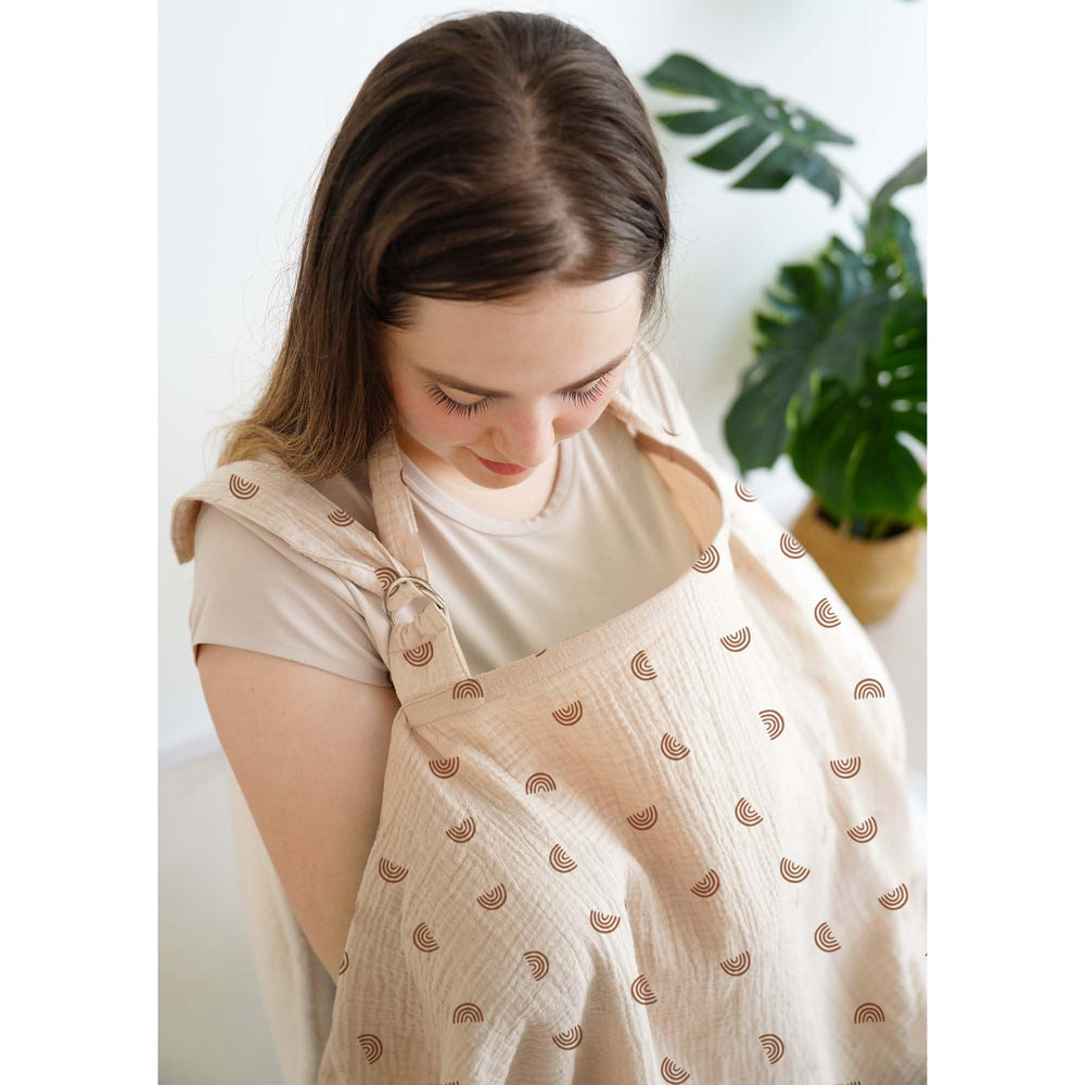MairMore nursing cover used as a stroller shield on the go