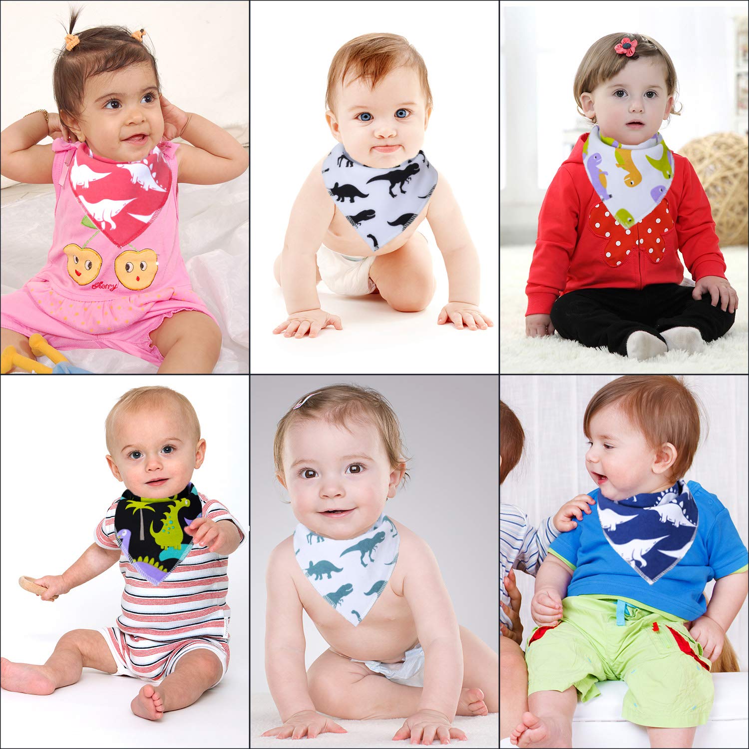 Maiwa dinosaur bandana bibs pack 4 showing adjustable snaps for growing necks