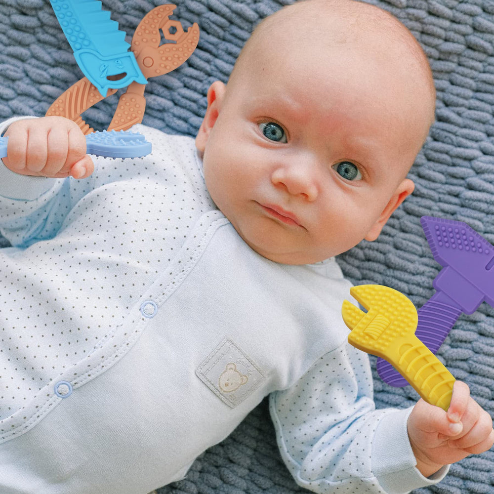 Majobee teether with textured bumps to stimulate tactile sensing during chewing