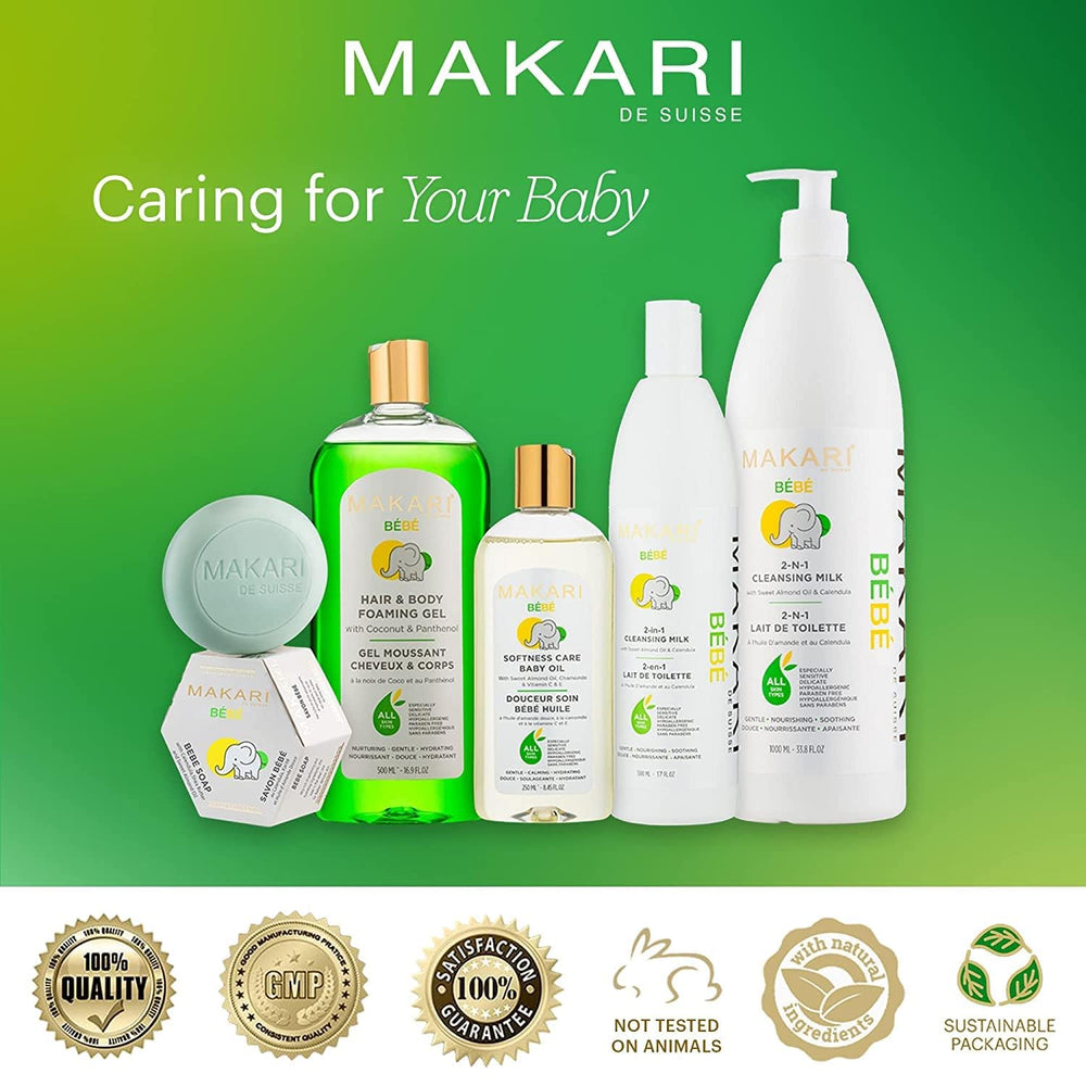 Makari Baby Soap safe, zero-tears formula supports calm bath time.