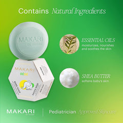 Makari Baby Soap rich lather demonstrates soft cleansing during bath time.