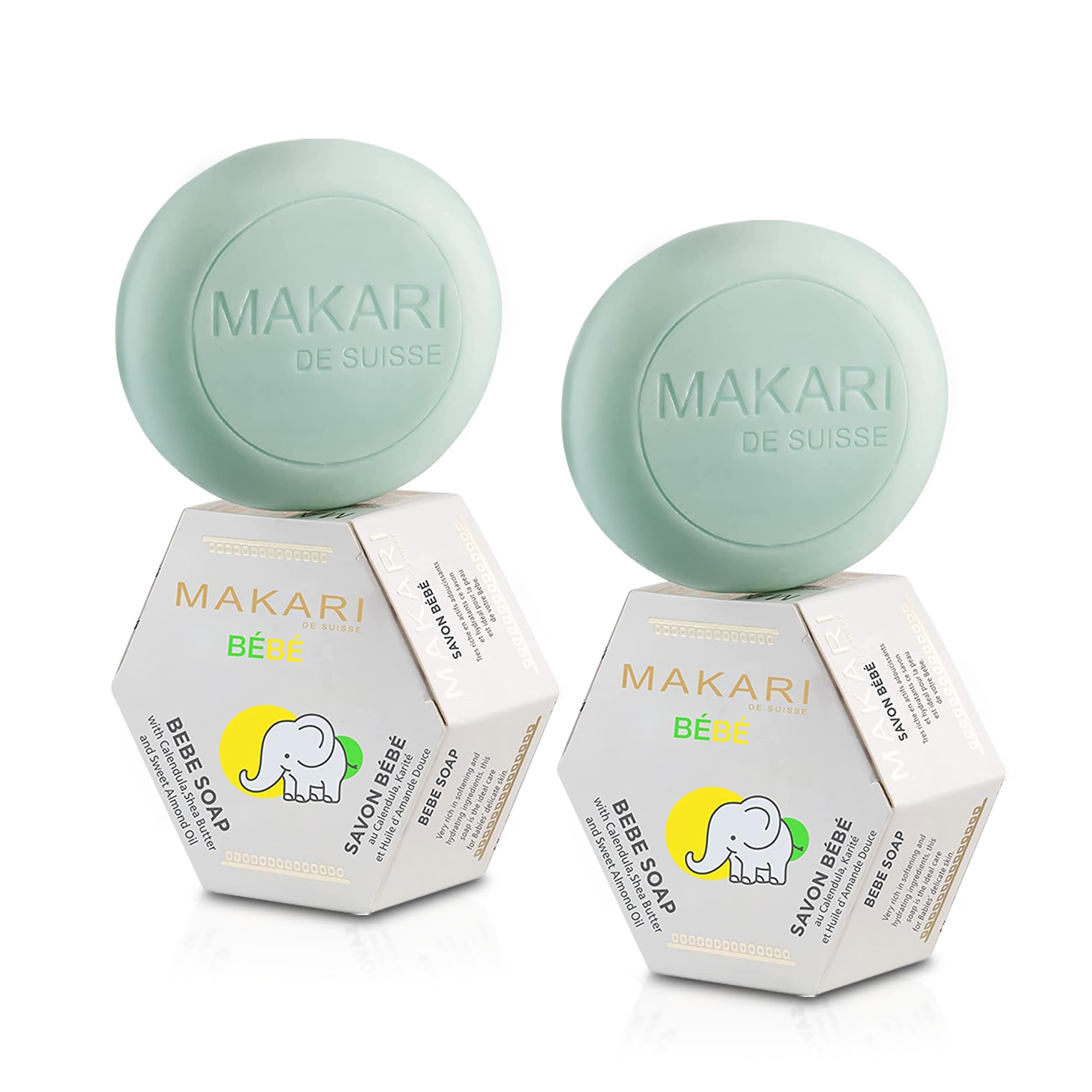 Makari Baby Soap two-pack box demonstrates gentle daily cleansing for delicate skin.