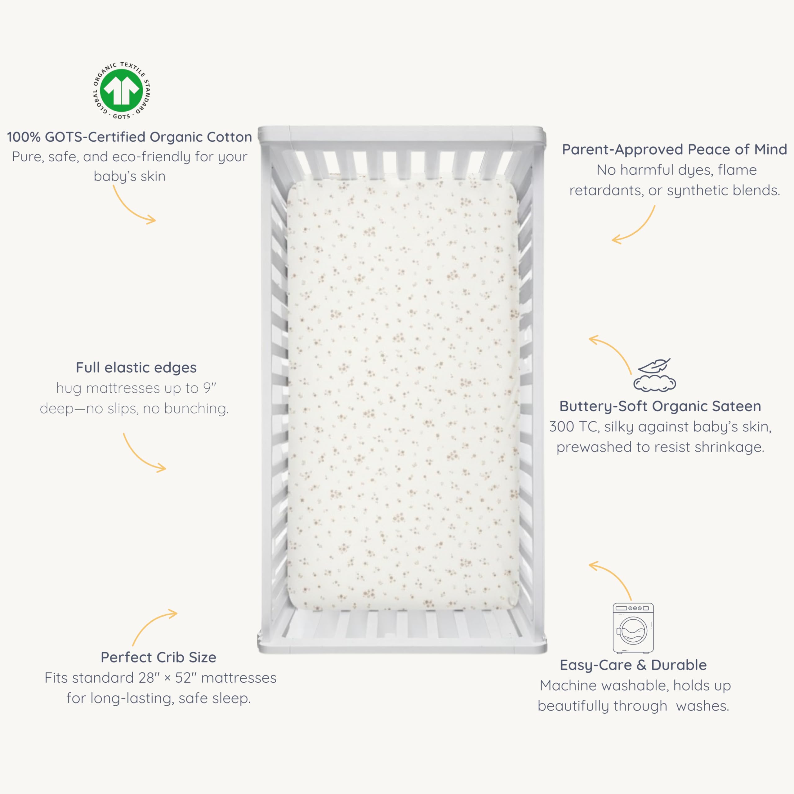 Makemake Organics Bloom crib sheet with snug elastic around edge