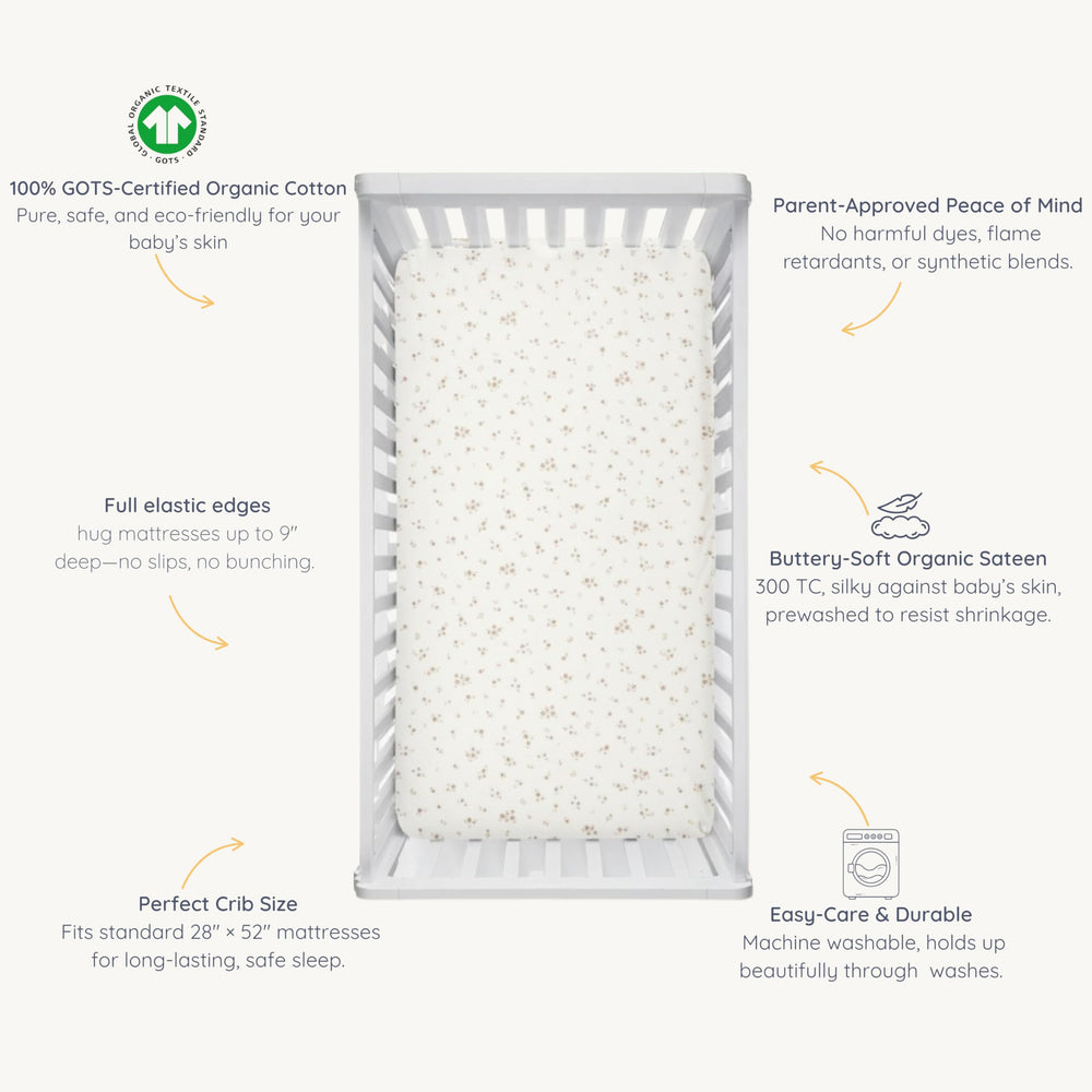 Makemake Organics Bloom crib sheet with snug elastic around edge