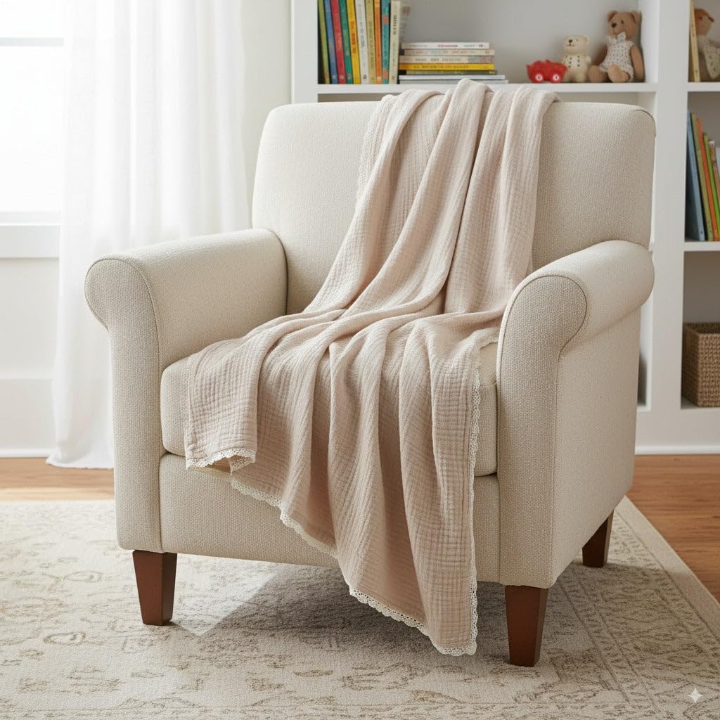 MakeMake Organics muslin blanket laid flat showing 30x40 dimensions for coverage.