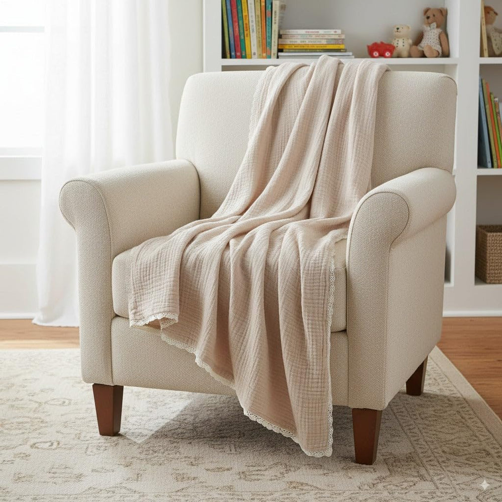 MakeMake Organics muslin blanket laid flat showing 30x40 dimensions for coverage.