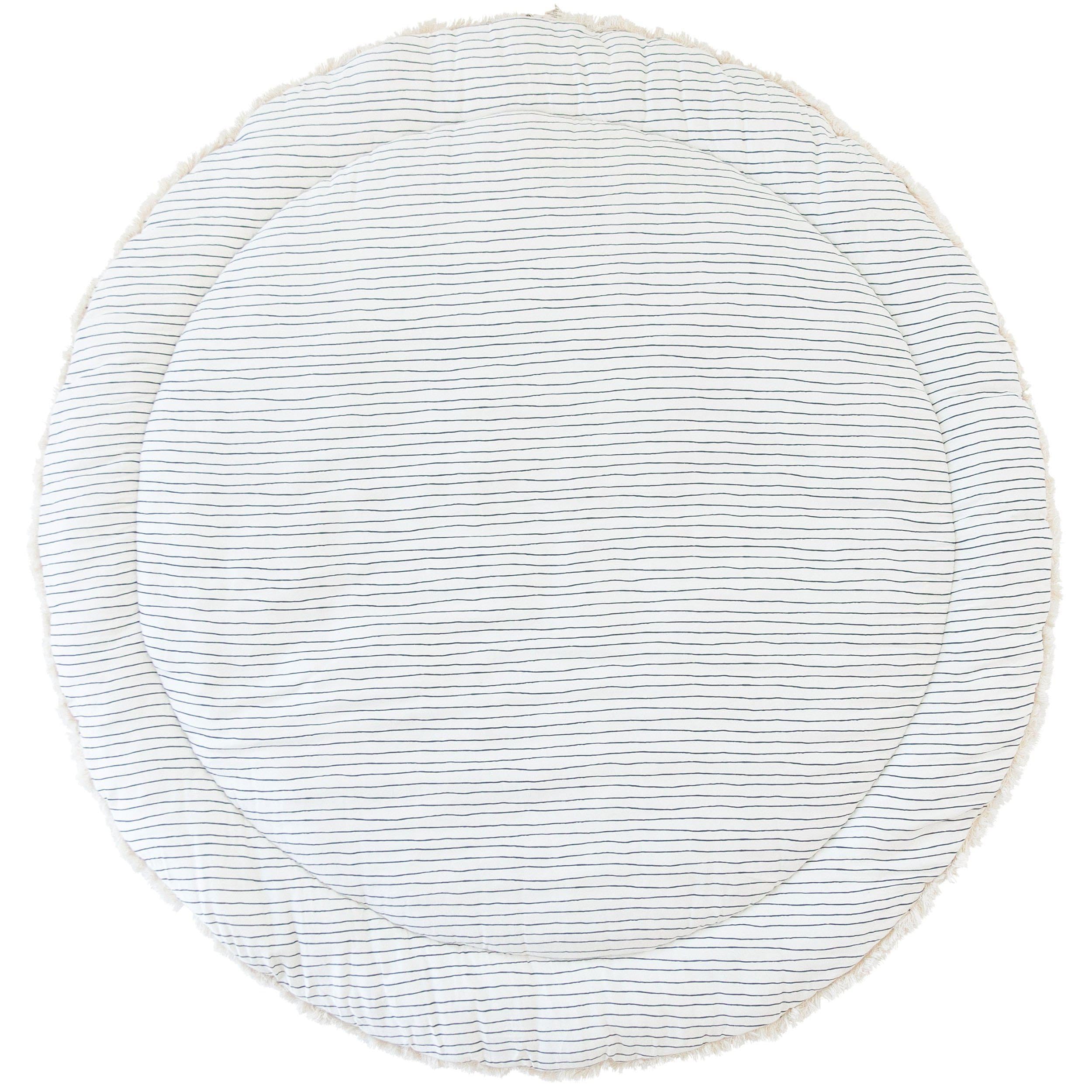 MakeMake Organics play mat round 48 blue stripes on a soft surface for tummy time.