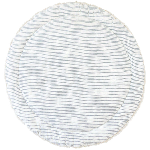 MakeMake Organics play mat round 48 blue stripes on a soft surface for tummy time.