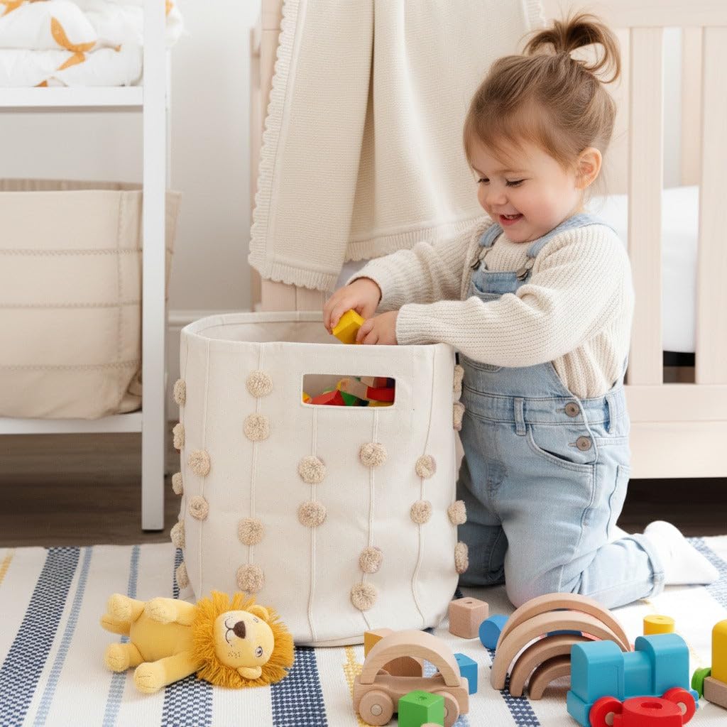Makemake Organics neutral pompoms bin fits any decor.