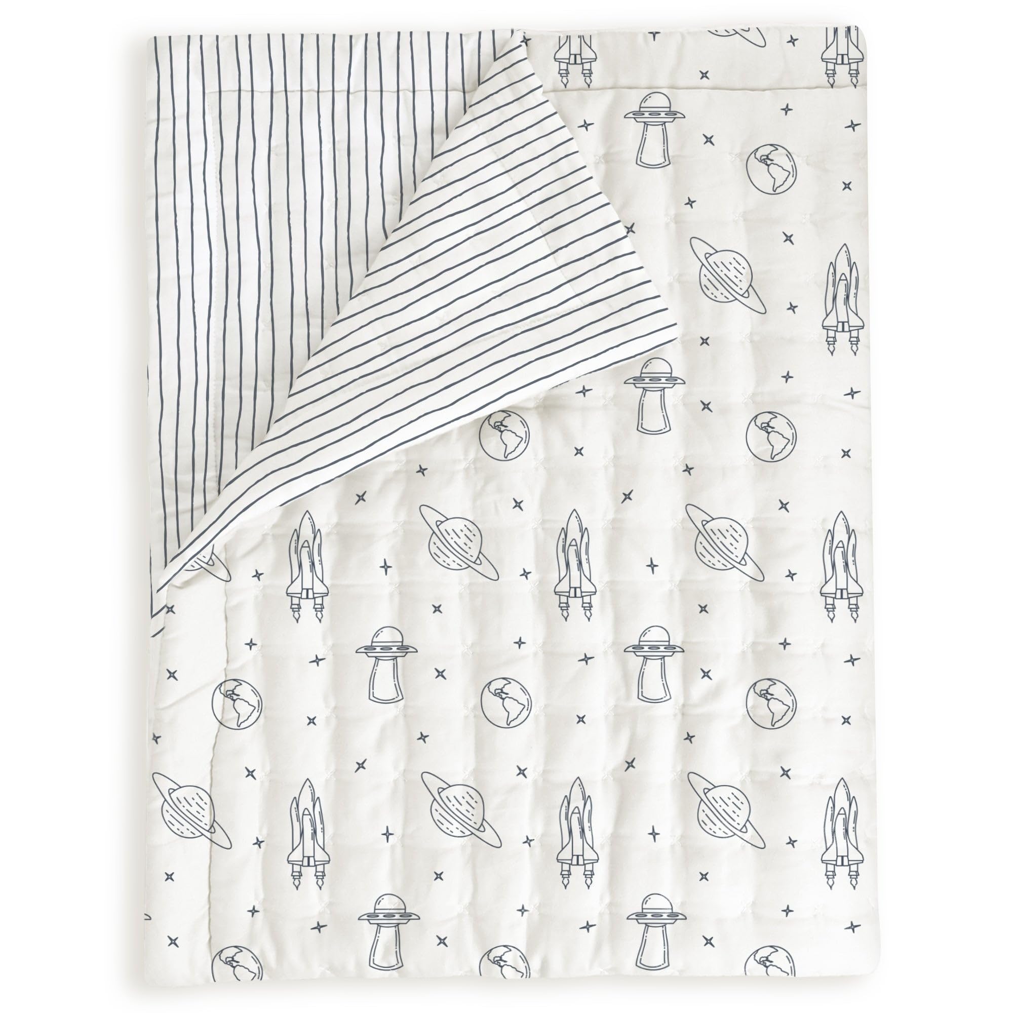 MakeMake Organics toddler comforter with astronaut print gives cozy nights in soft organic cotton