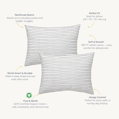 Makemake Organics toddler pillowcase navy stripes shown in reusable gift bag packaging.