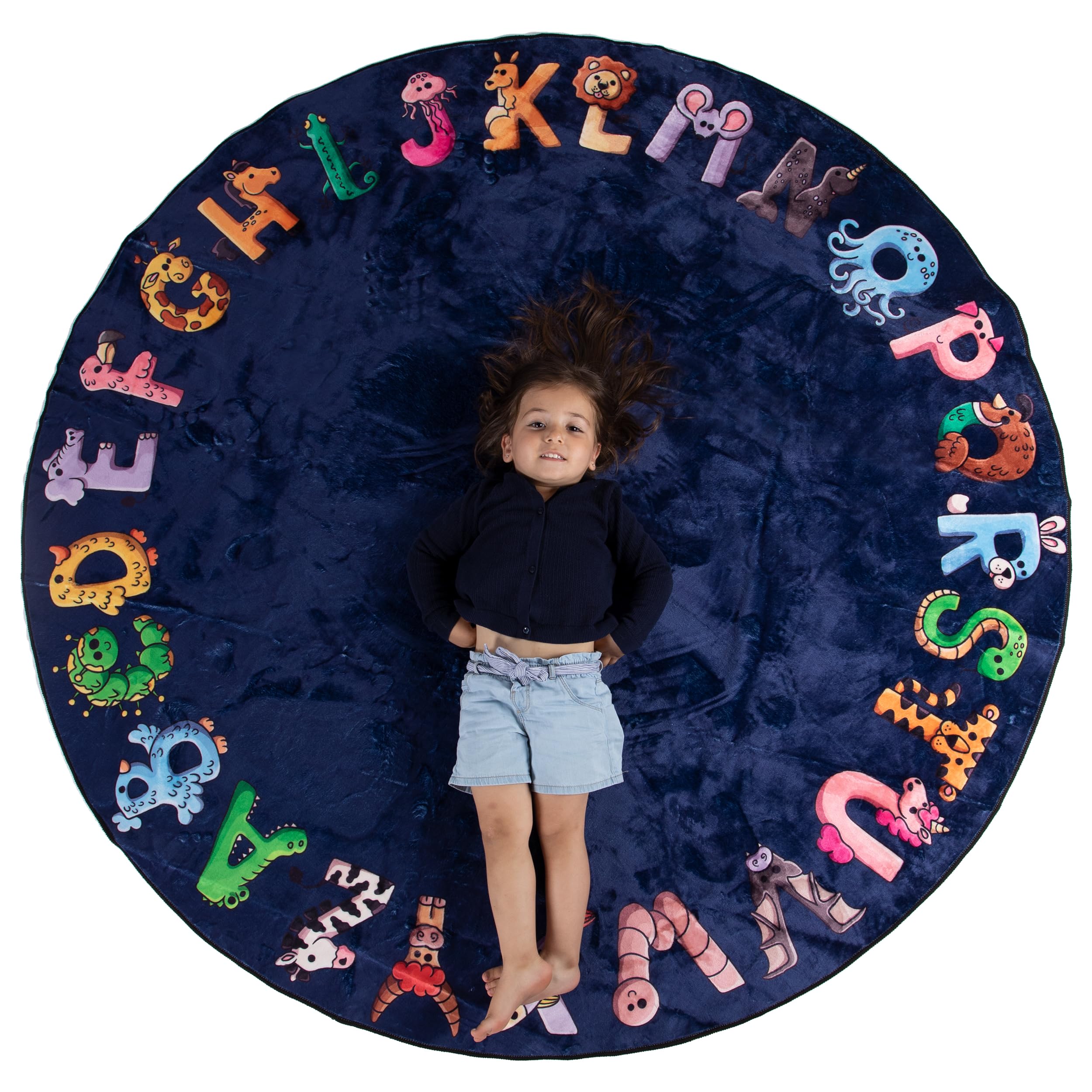 Malamaa ABC rug 6ft blue round, ideal for expansive toddler play areas