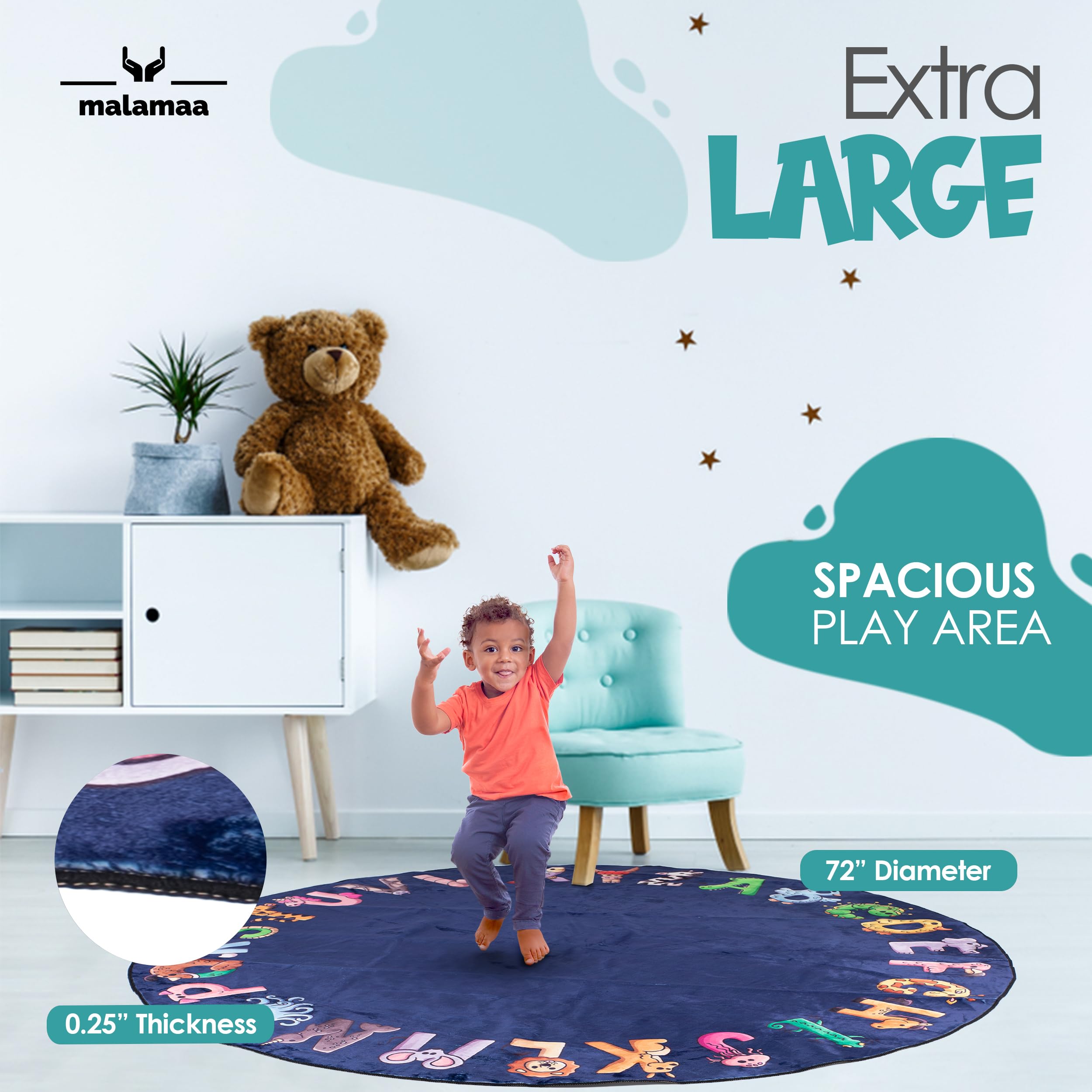 Malamaa ABC rug anti-slip bottom helps keep it in place during activities