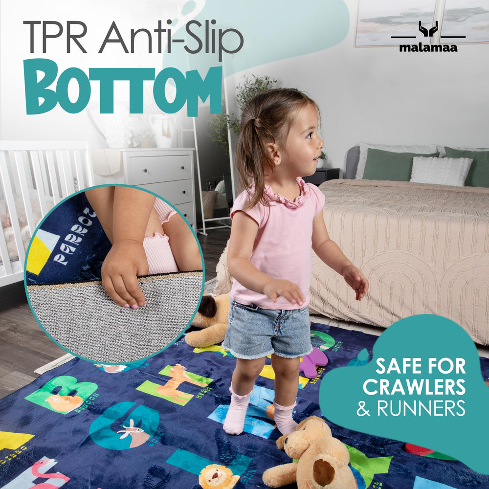 Malamaa ABC Rug durable, machine washable for easy cleanup after messy play.