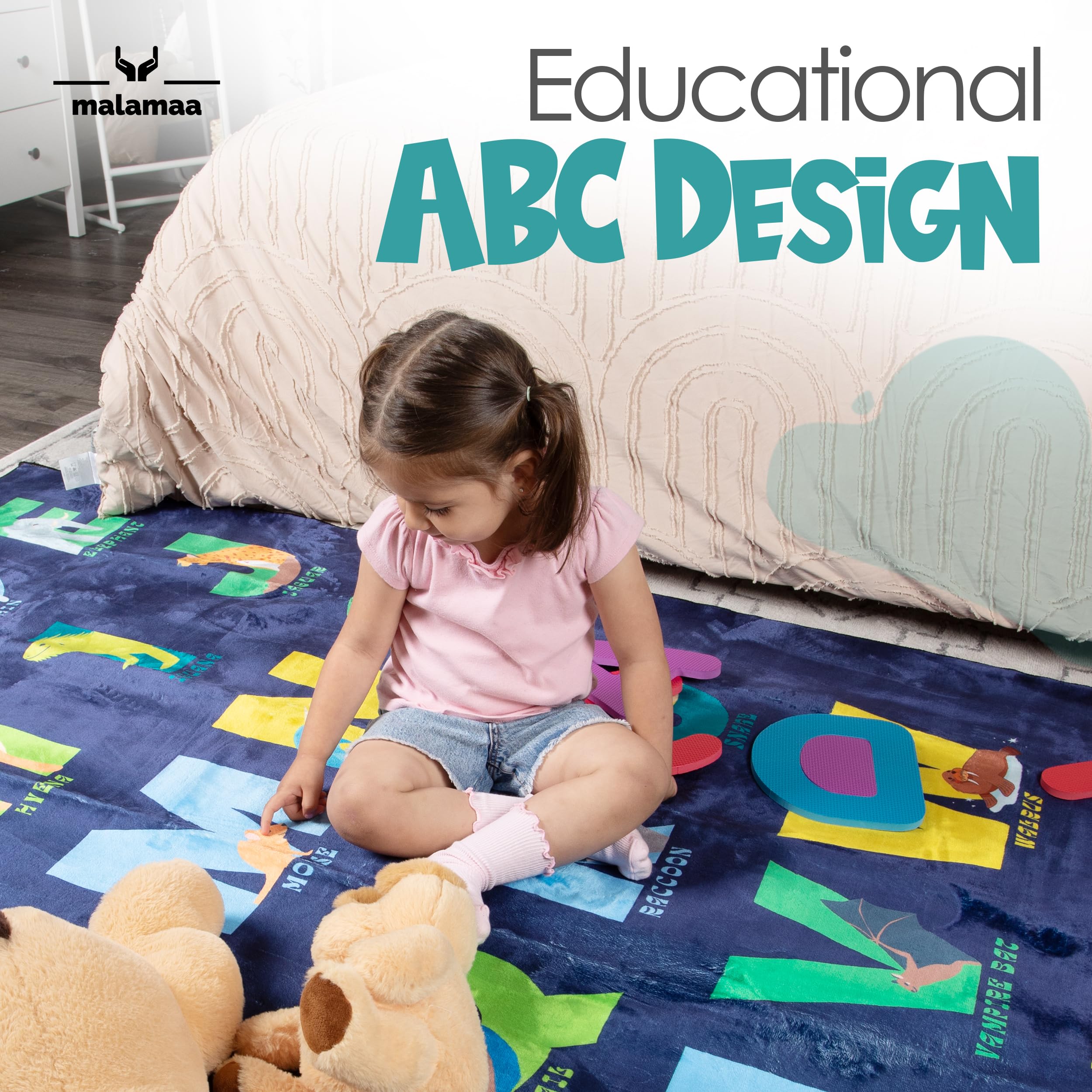 Malamaa ABC Rug educational design helps kids spot letters and build recognition.