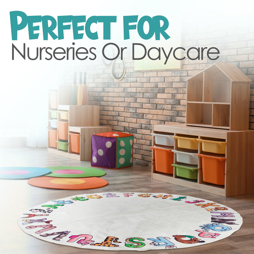 Malamaa ABC Rug; kid-friendly circle yellow design creates a bright learning space.