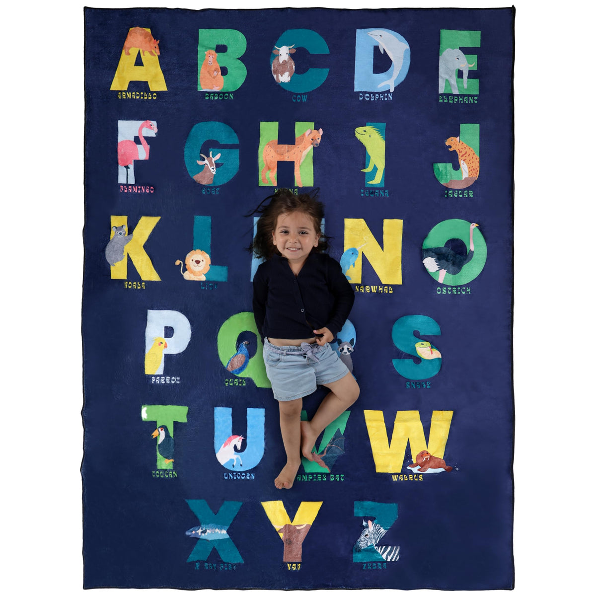 Malamaa ABC Rug for Kids XL blue on floor, soft surface for play.