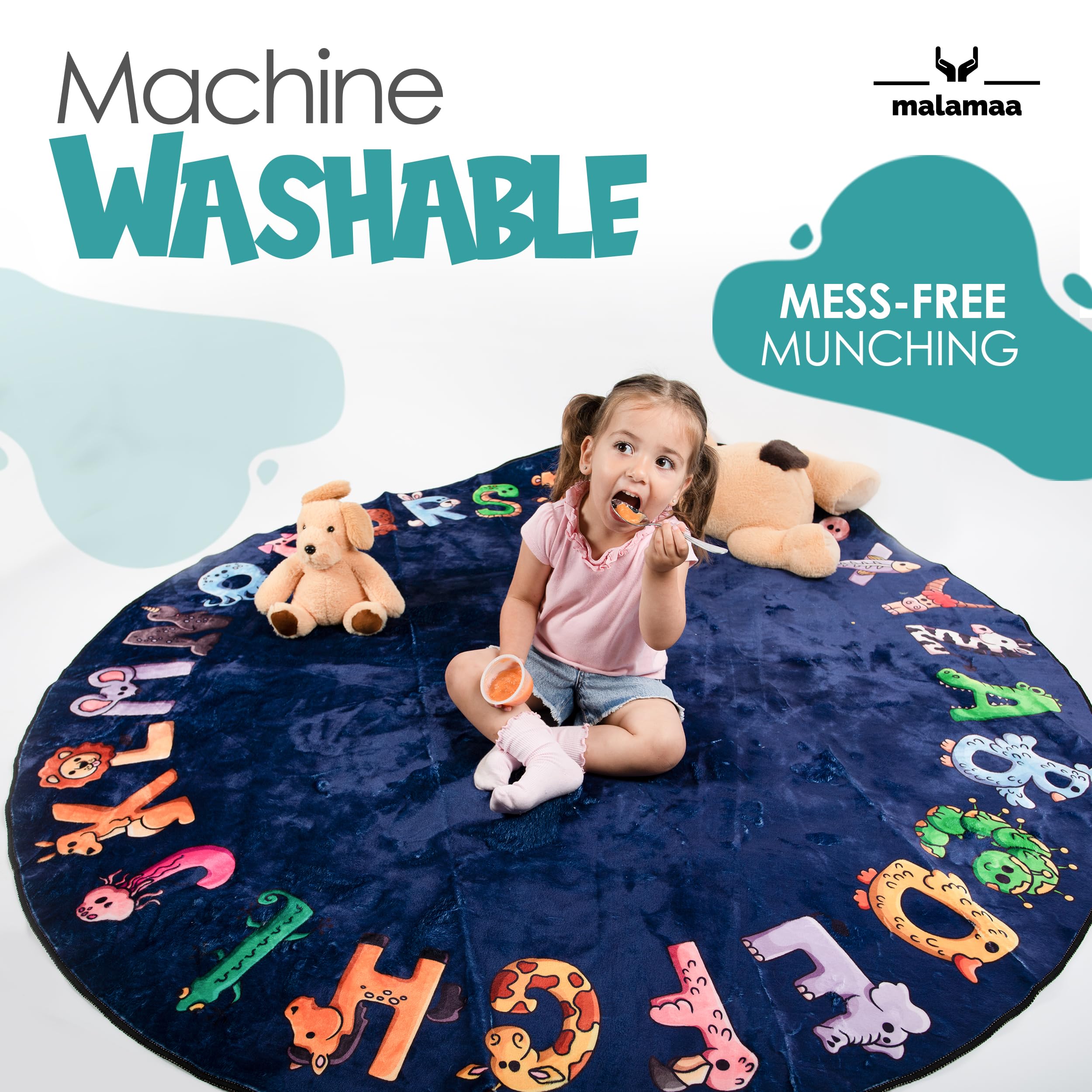 Malamaa ABC rug letter-learning design encourages recognition while kids play