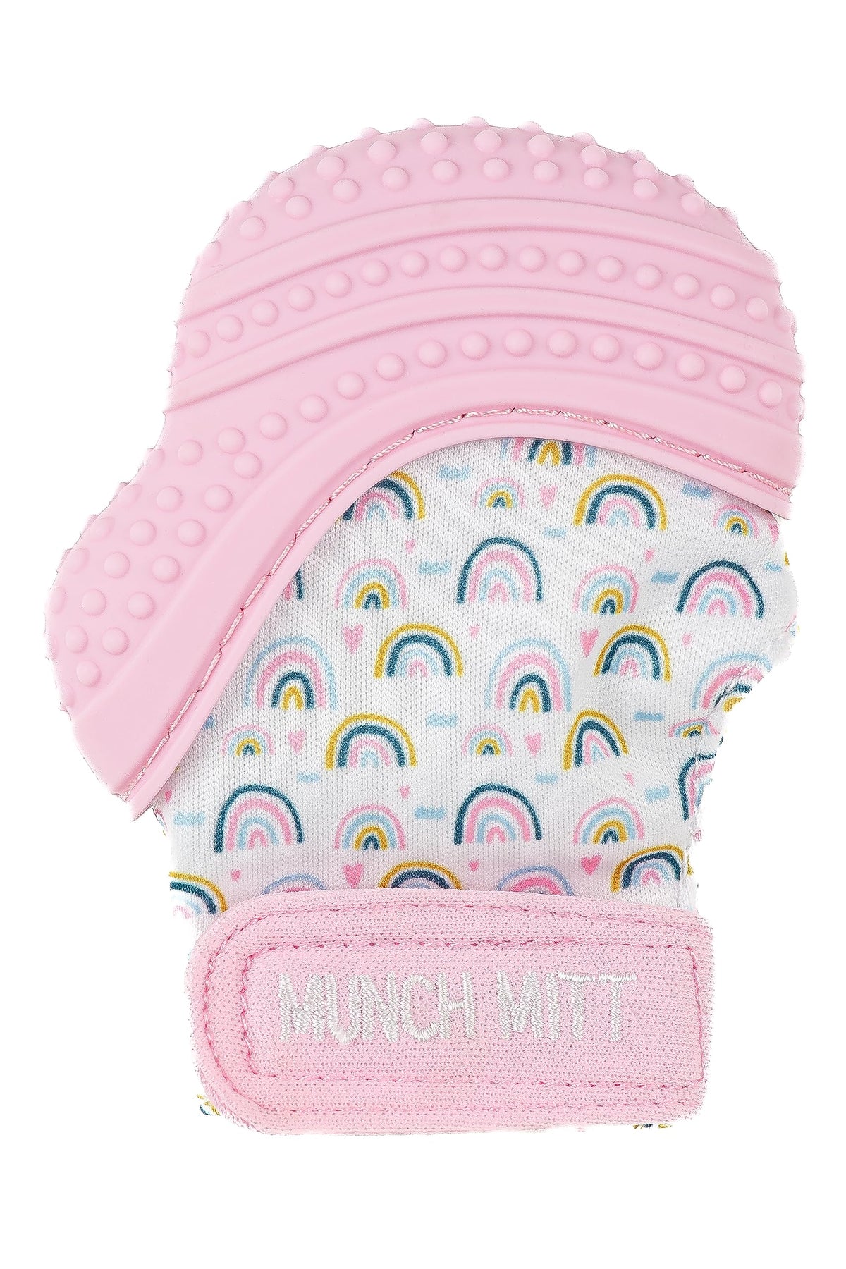 Malarkey Kids Munch Mitt in pink safeguards baby's hands during teething