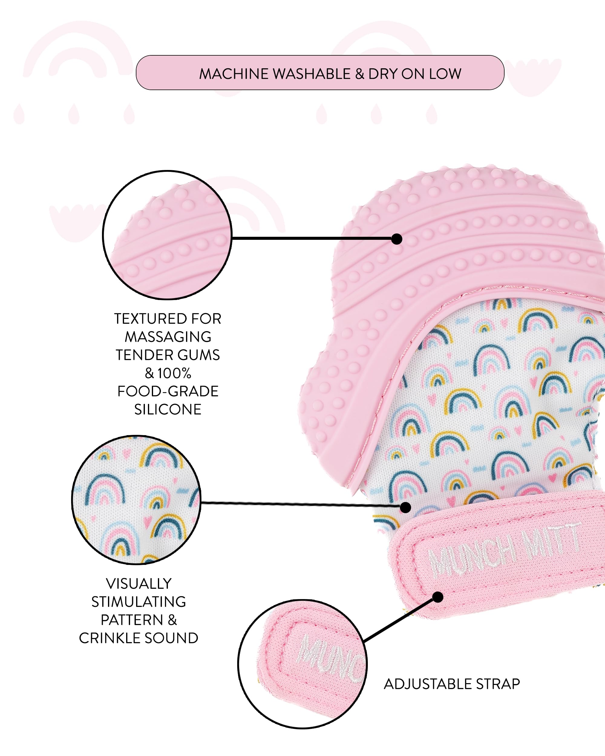 Munch Mitt provides visual and auditory stimulation with textured crinkles