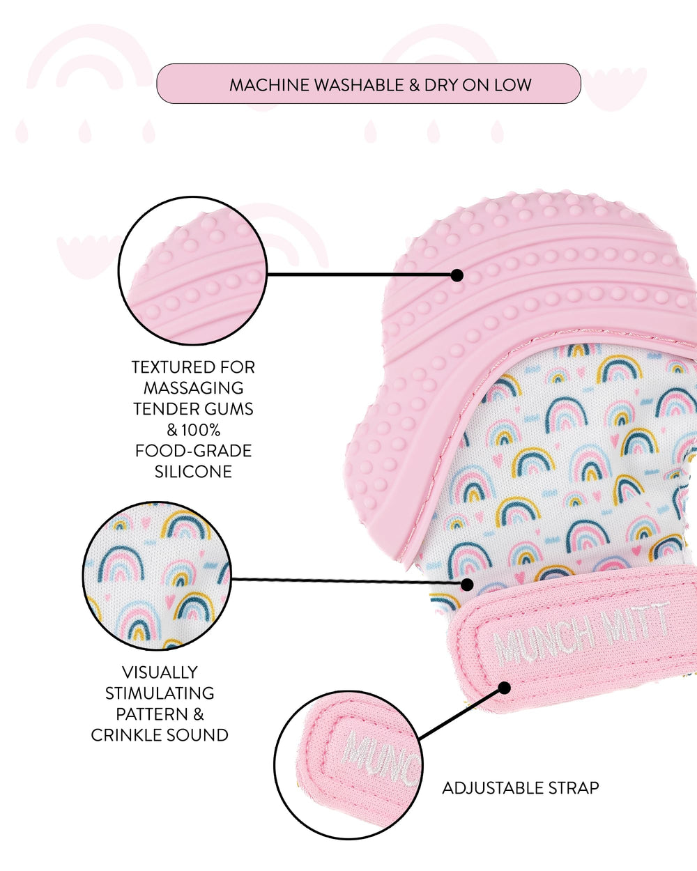 Munch Mitt provides visual and auditory stimulation with textured crinkles