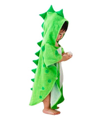 Maleroads soft cotton baby towel with green dinosaur hood dries and warms after bath.