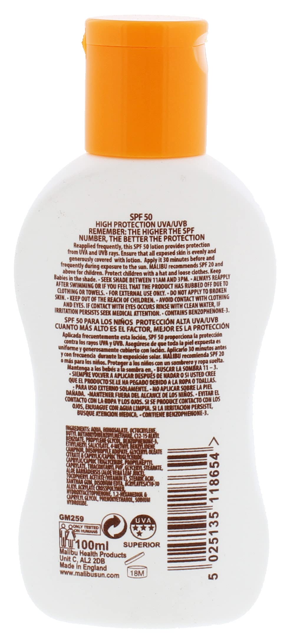 Malibu Kids Lotion SPF50 100ml back label with usage guidance.