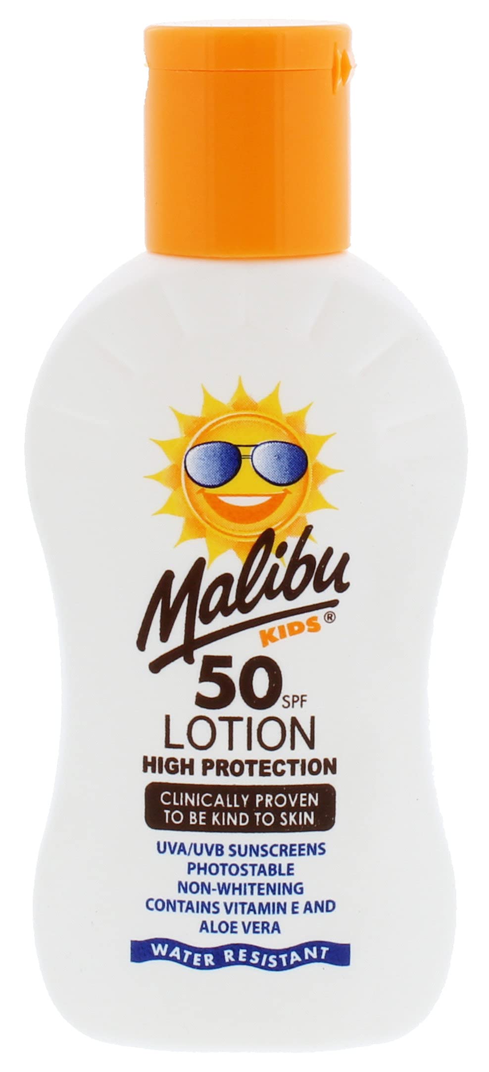 Malibu Kids Lotion SPF50 100ml front bottle for outdoor sun protection.