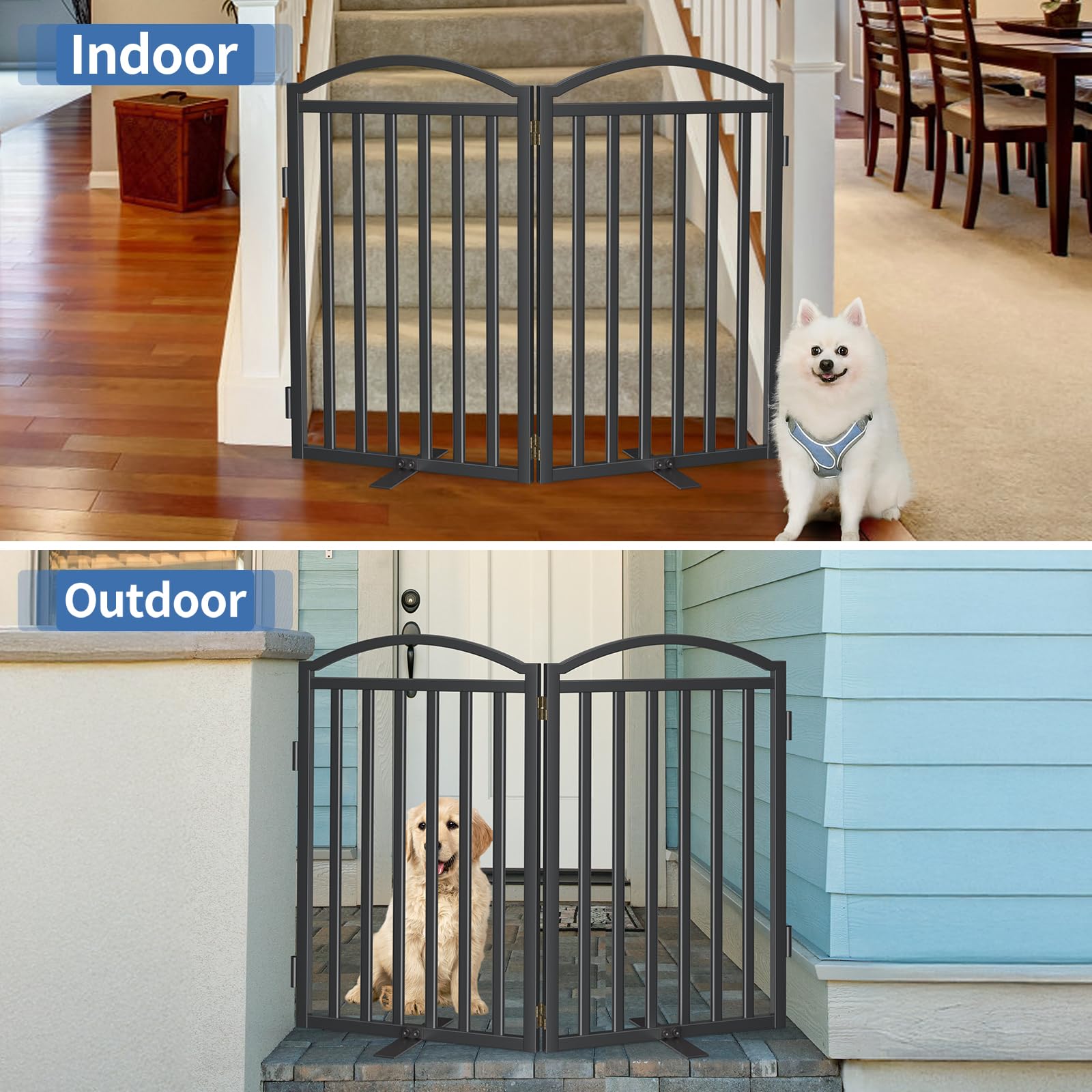 Malier freestanding gate for indoor outdoor use on stairs and doorways.