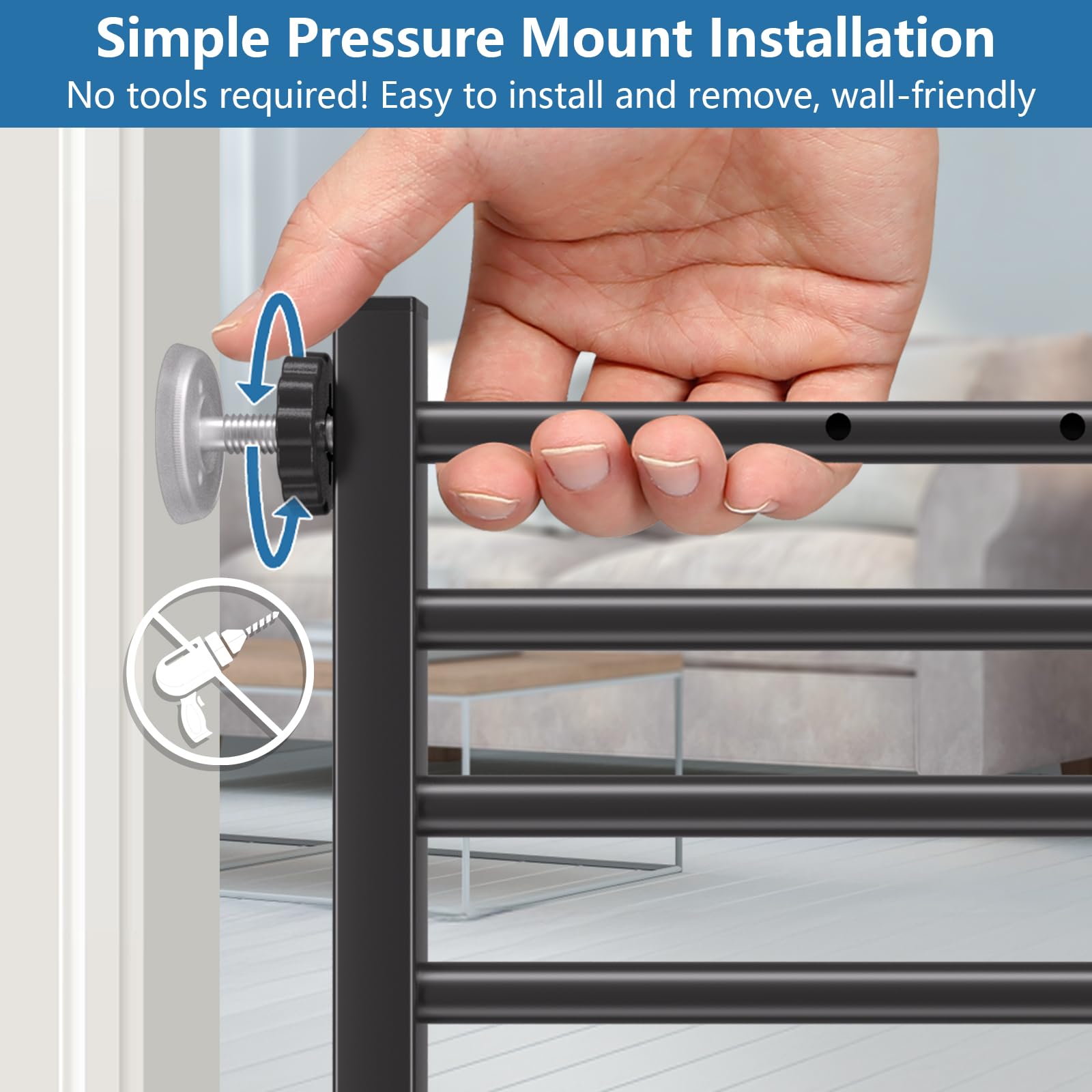 Malier tool-free pressure mount for quick, drill-free setup.