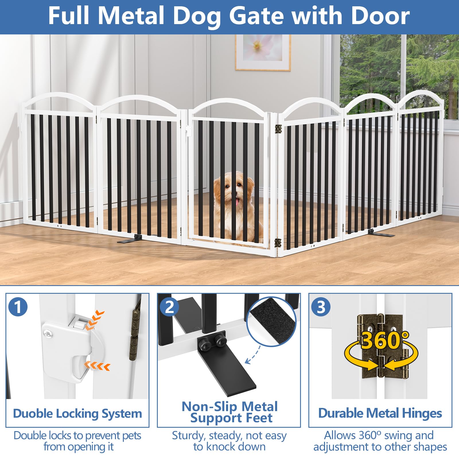 Malier metal dog gate 32-inch height blocks jumping and keeps pets safely contained.