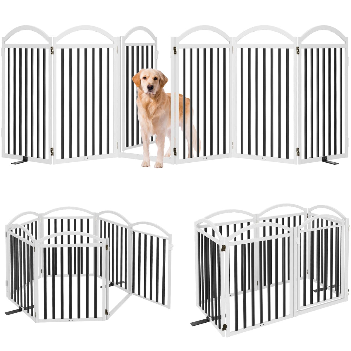 Malier metal dog gate six-panel door shows sturdy indoor containment.