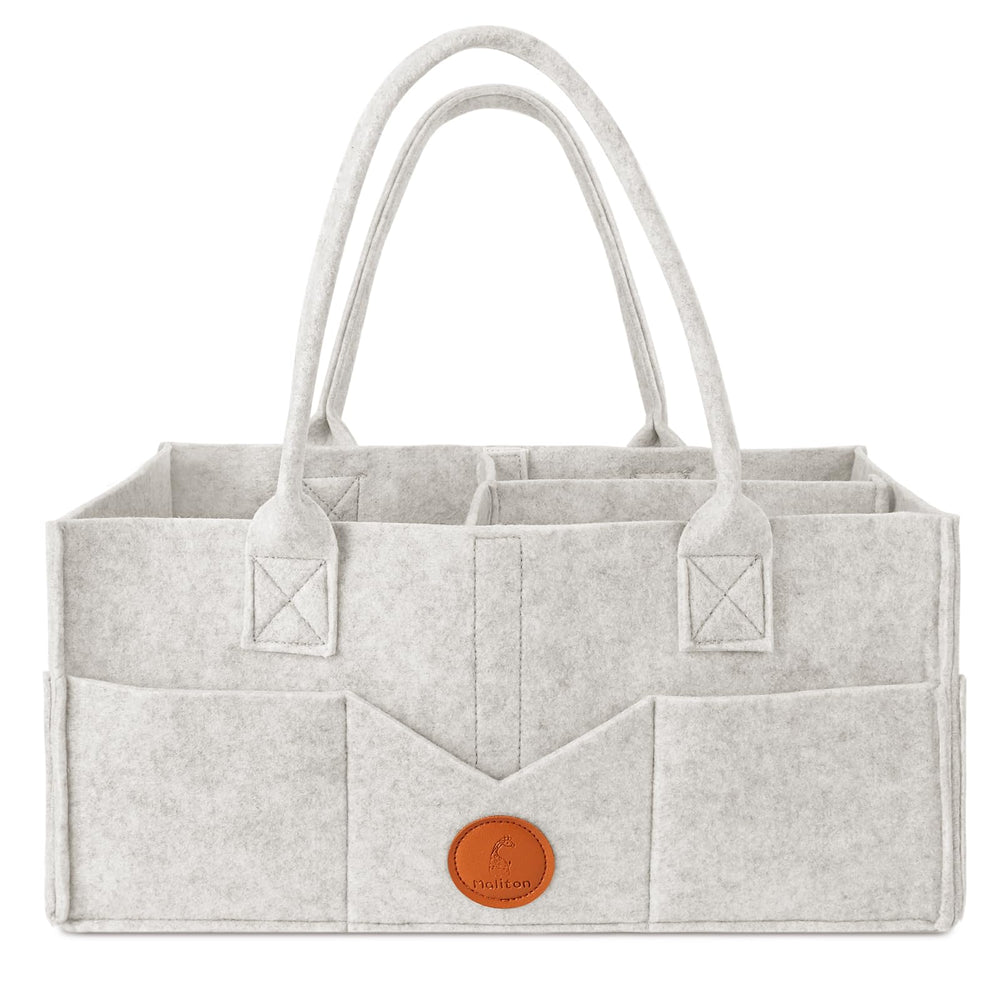 Maliton diaper caddy with handle on white felt for easy transport