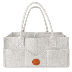 Maliton diaper caddy with handle on white felt for easy transport