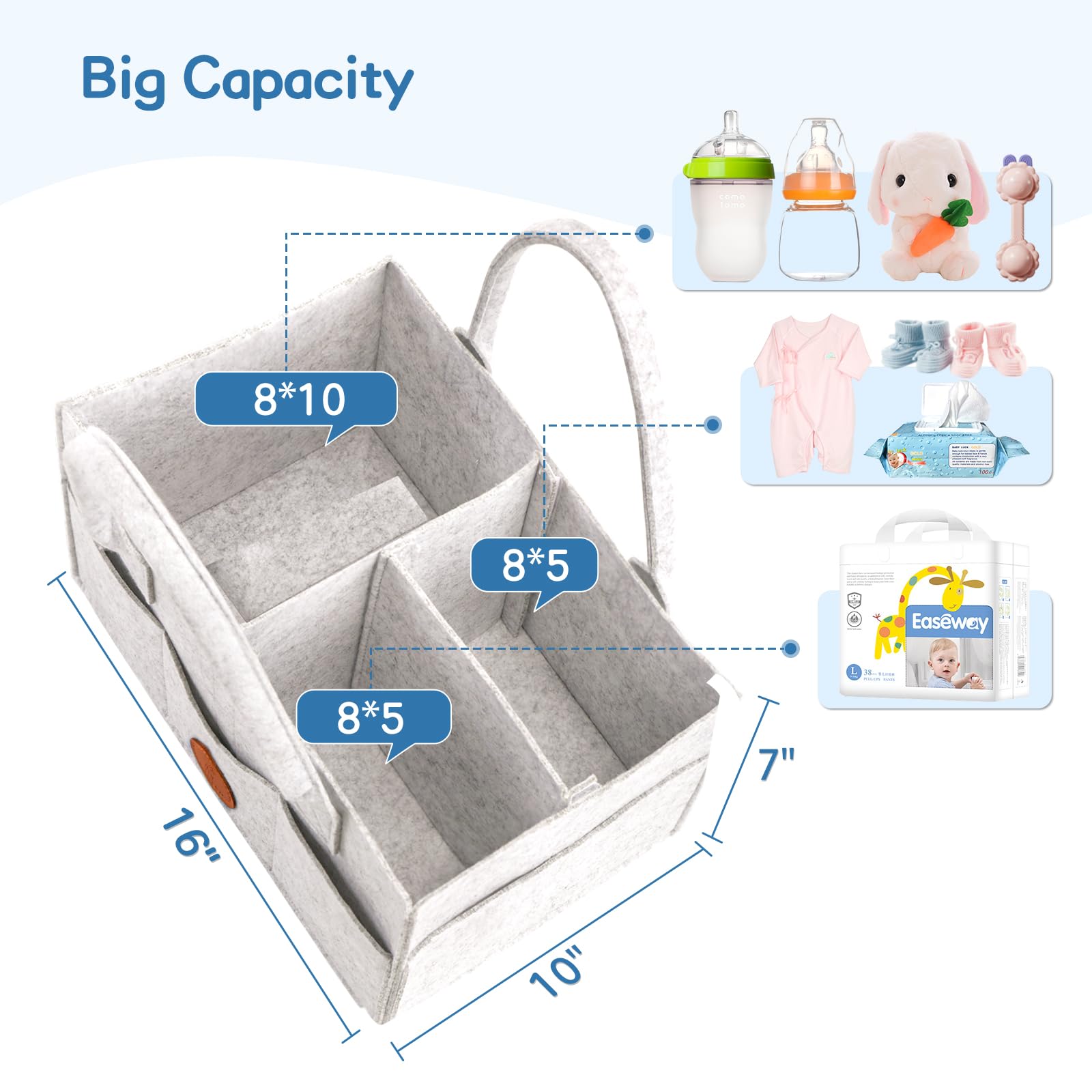 Maliton diaper caddy with removable divider for flexible storage