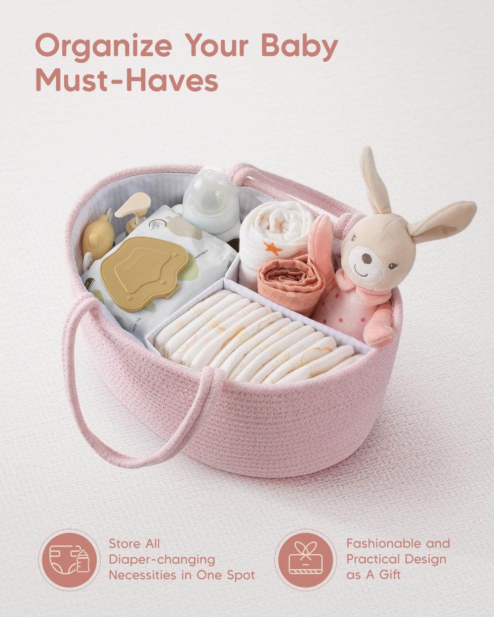 Maliton baby-safe cotton rope basket keeps changing area tidy and odor-free