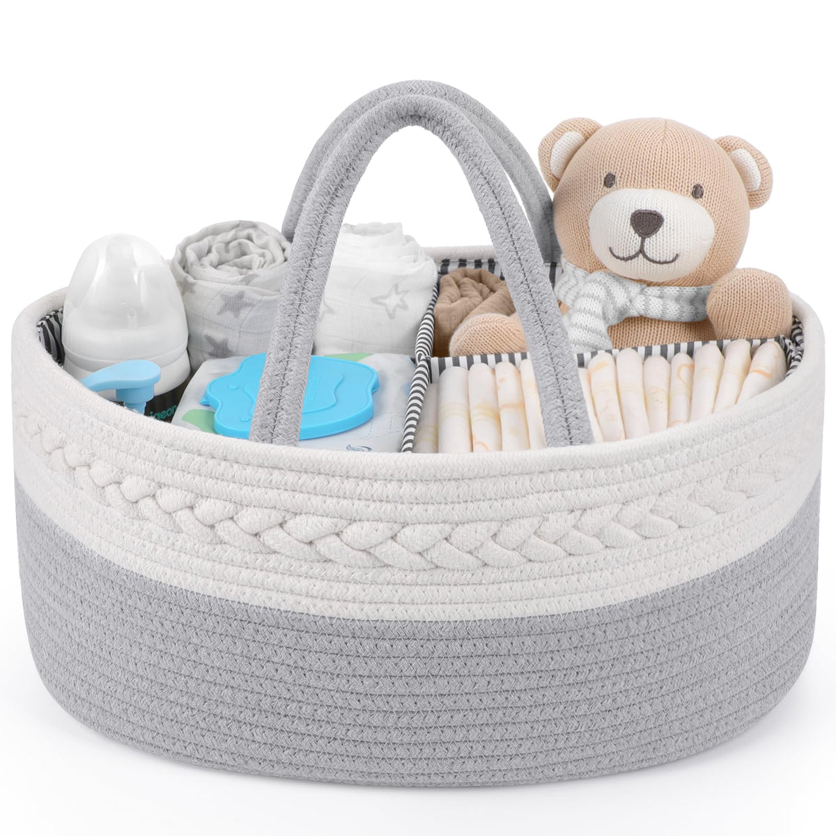 Maliton Cotton Rope Diaper Caddy front view for organized nursery essentials.