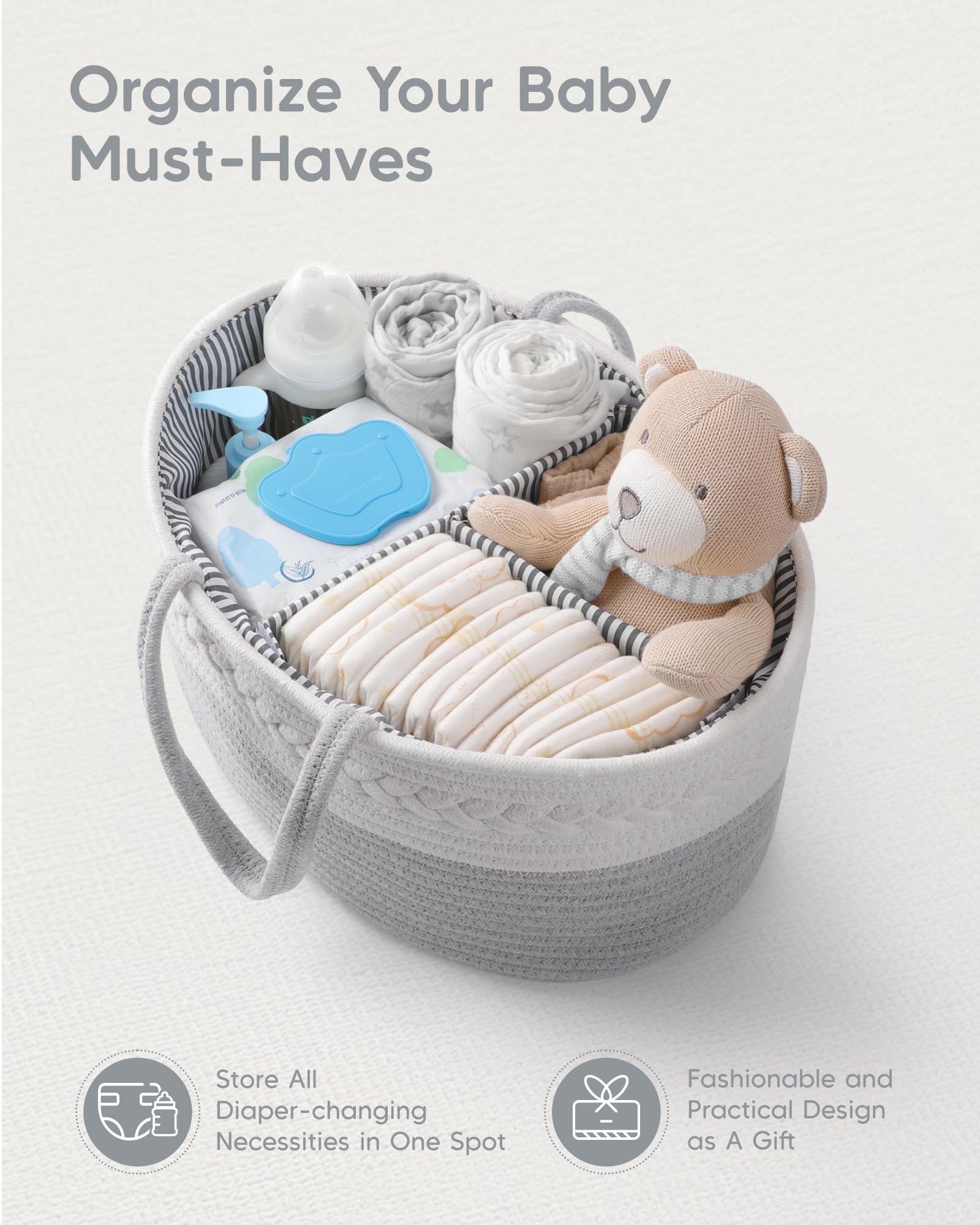 Maliton diaper caddy in a nursery beside the changing table ready for use.