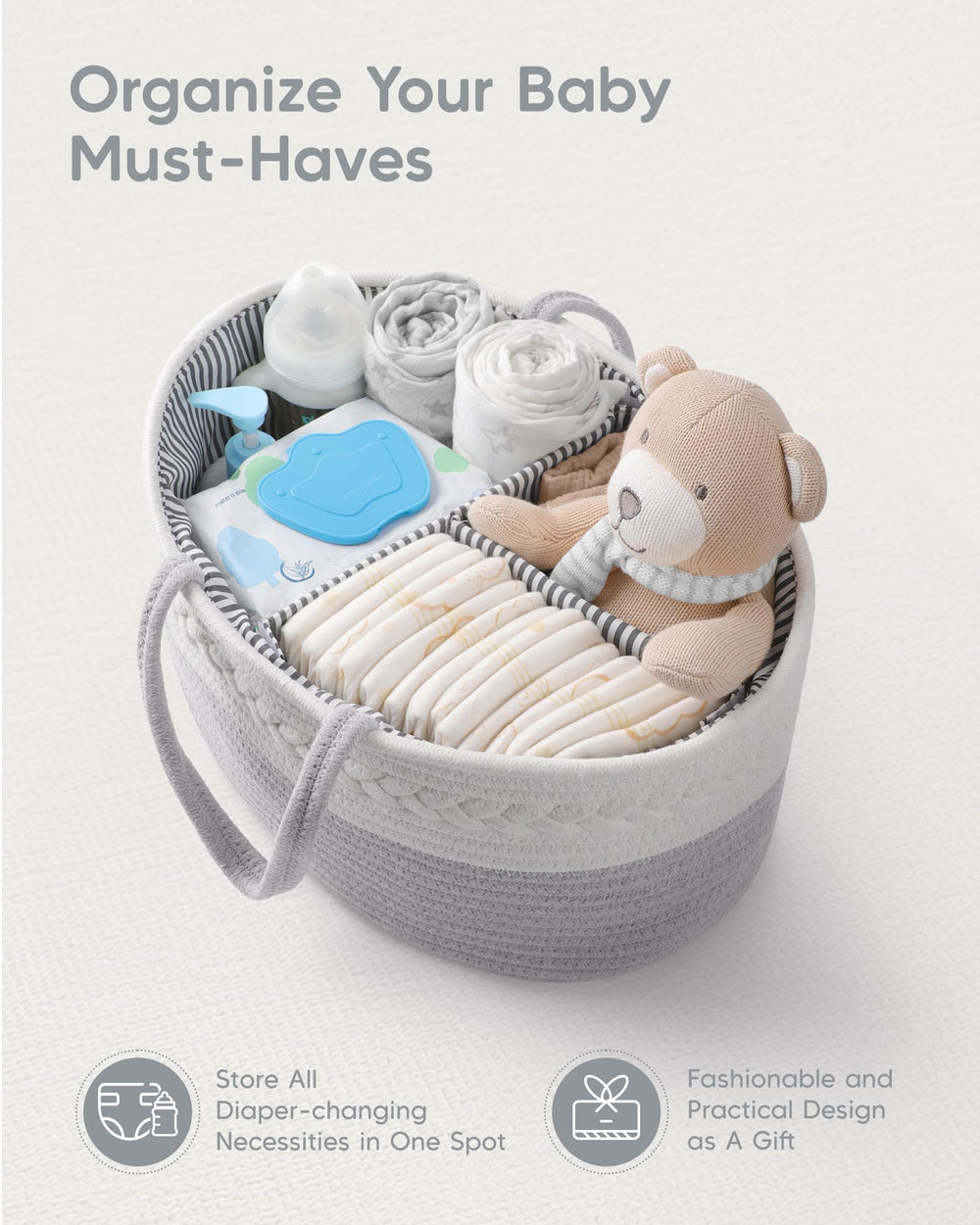 Maliton diaper caddy in a nursery beside the changing table ready for use.
