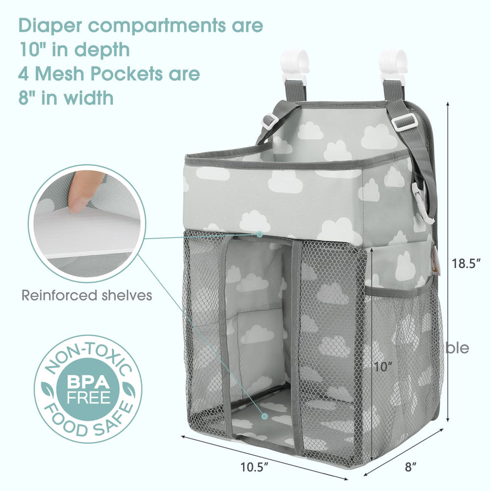 Maliton diaper caddy showing capacity for 52+ diapers in nursery setup