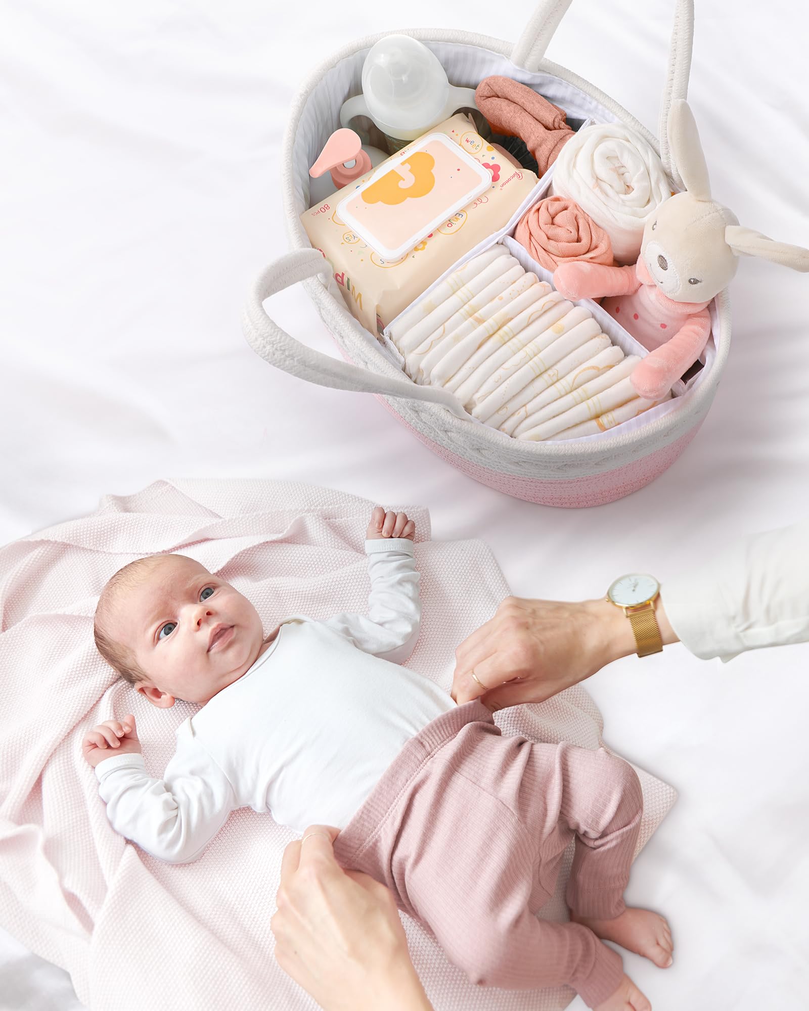 Maliton diaper caddy changing table setup keeps essentials at hand.
