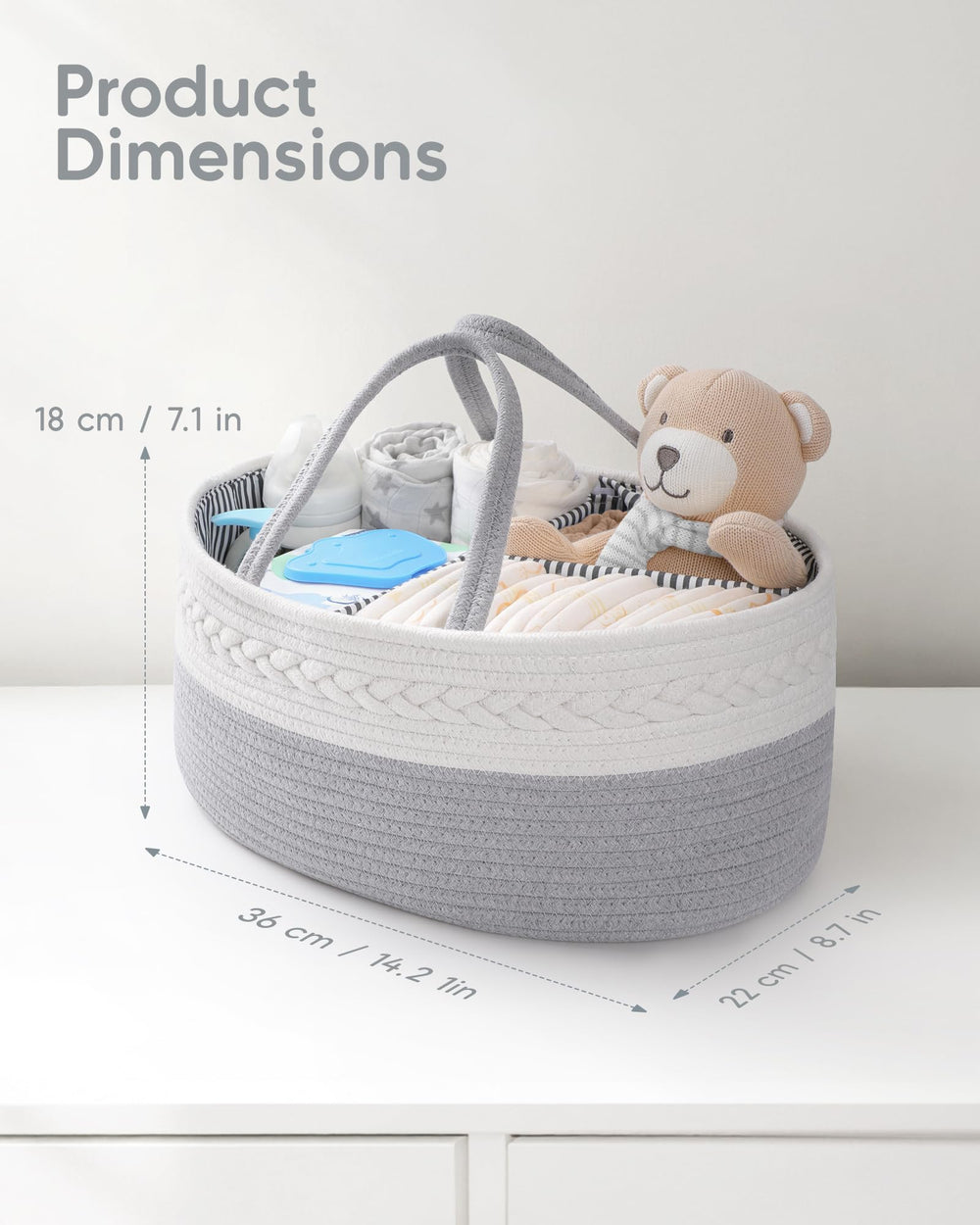 Maliton diaper caddy with long handles for easy room-to-room transport.