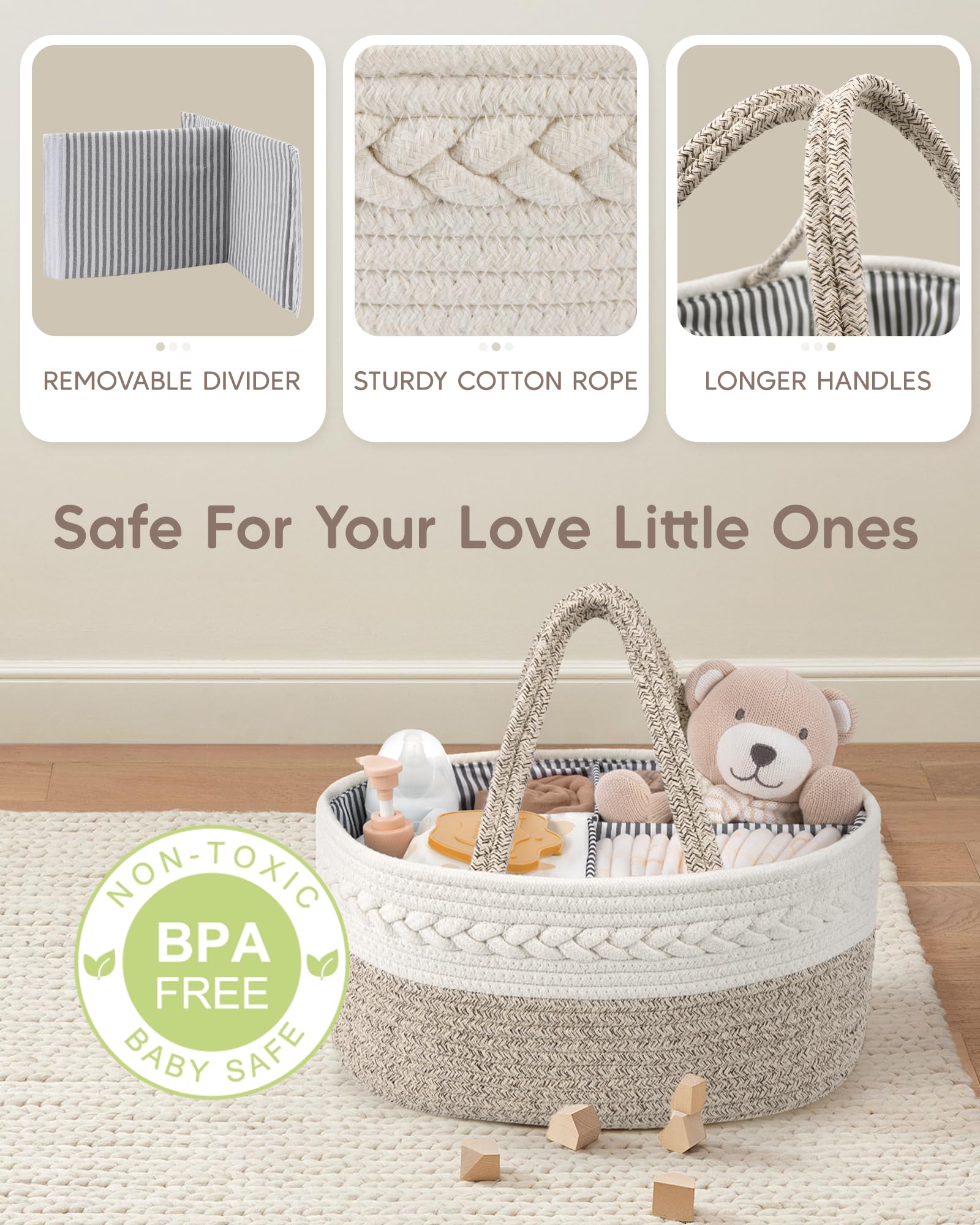 Maliton diaper caddy with long handles for easy carrying.