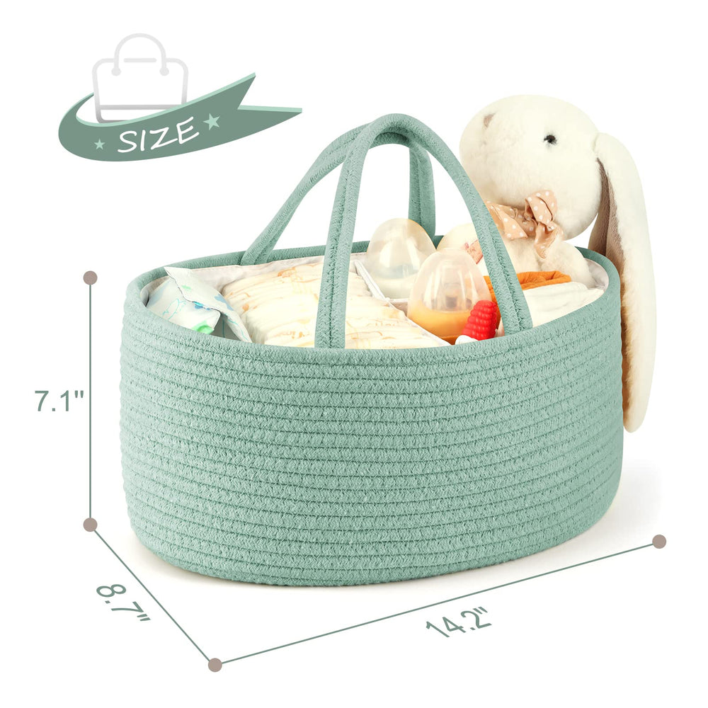 Maliton diaper caddy with long handles for easy transport around the home.