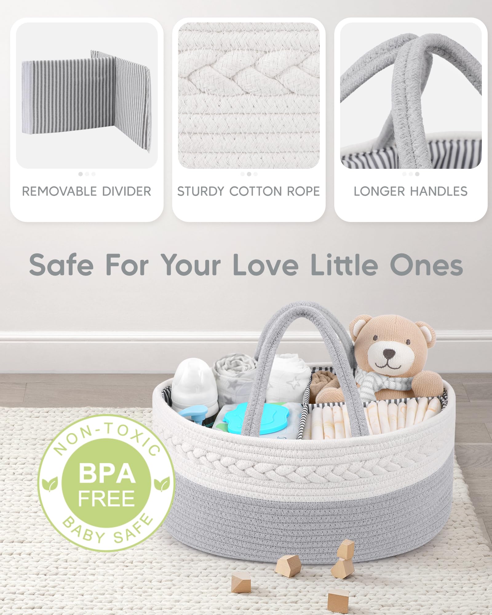 Maliton diaper caddy with removable divider creates flexible storage compartments.