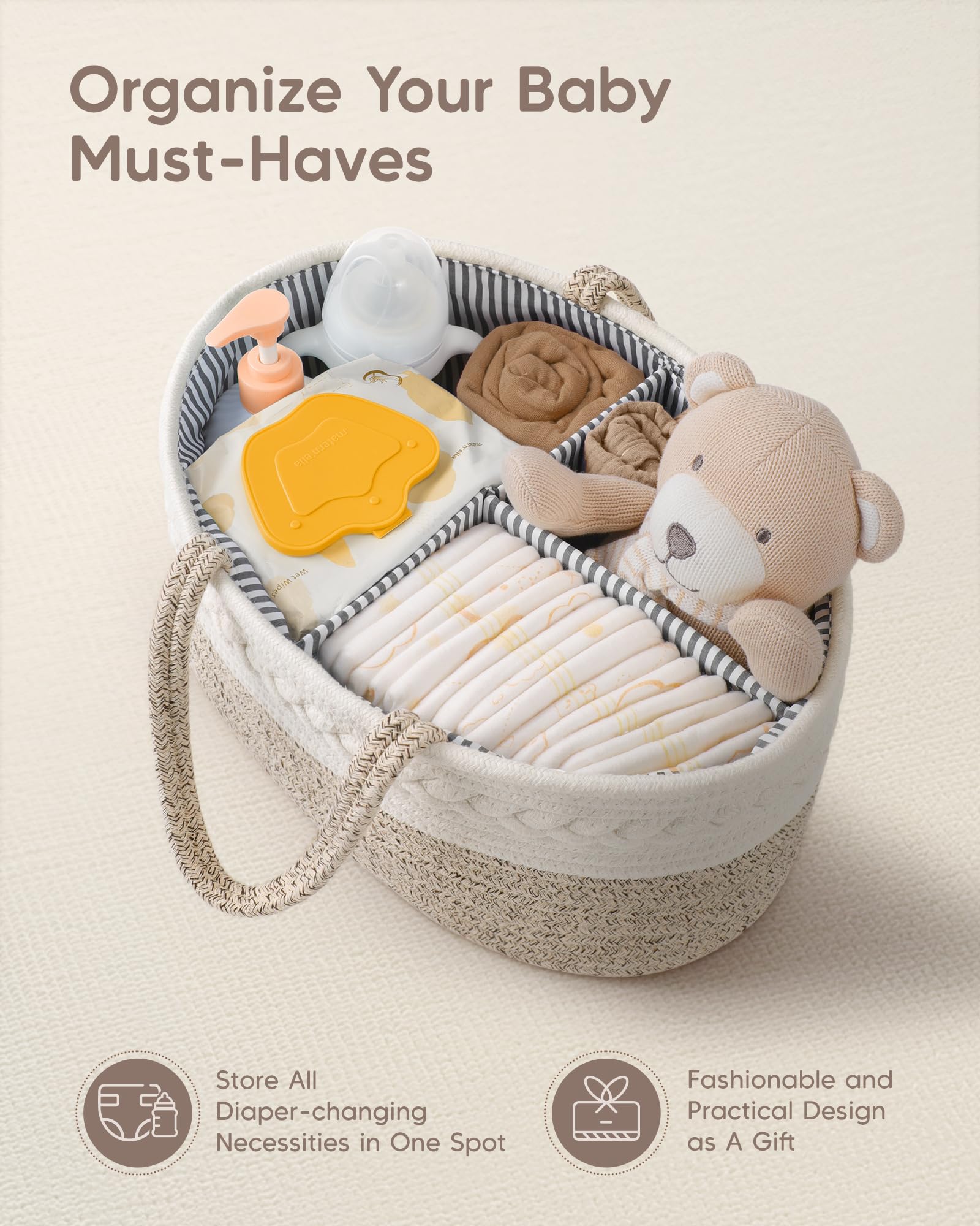 Maliton diaper caddy with removable divider for customizable compartments.
