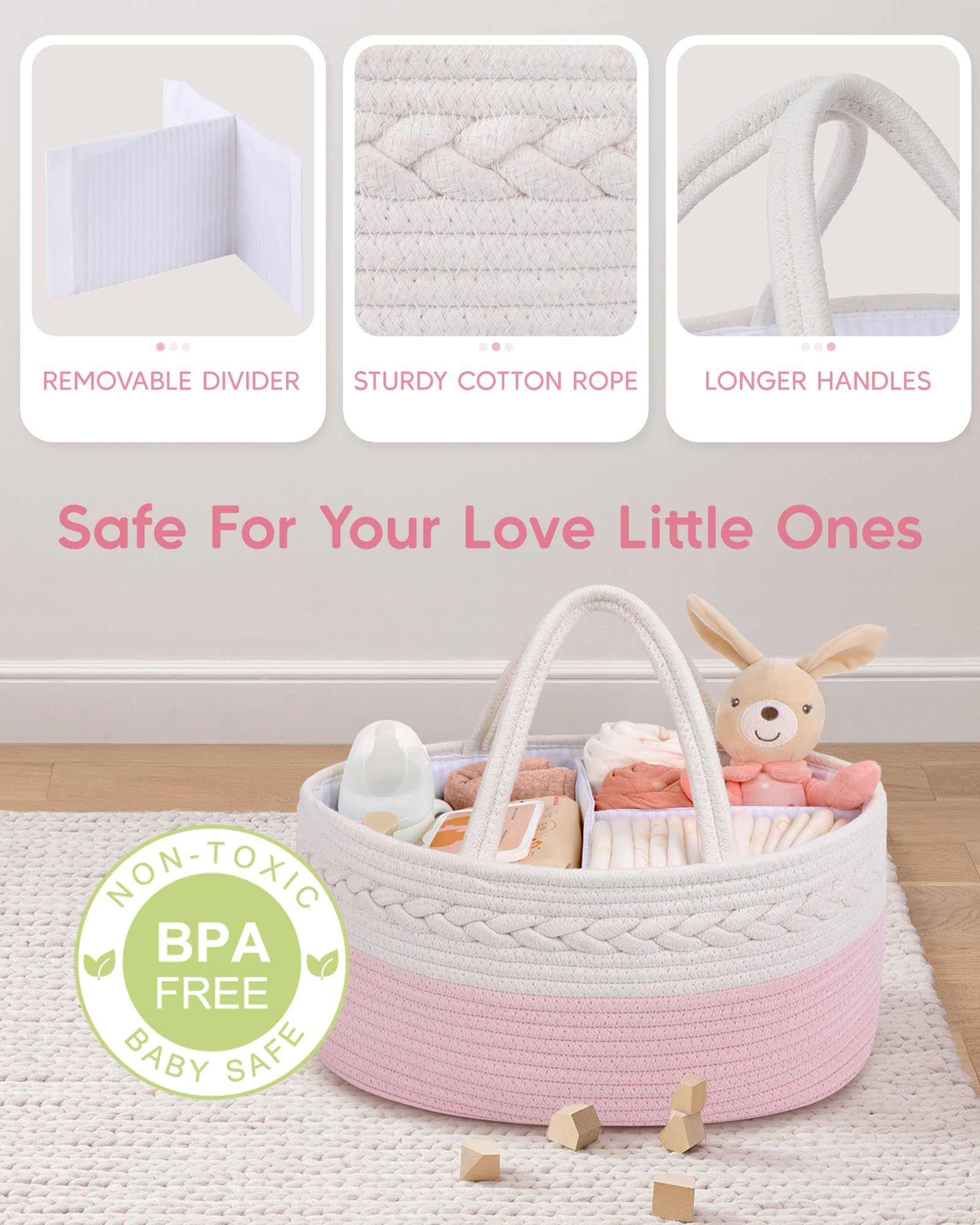 Maliton diaper caddy removable divider allows customizable compartments for baby items.