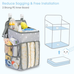 Maliton diaper stacker with mesh pockets for lotions and wipes.