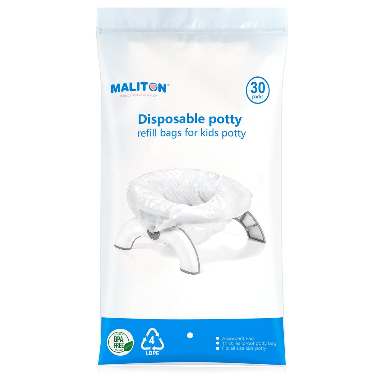 Maliton disposable potty liners with absorbent pad for quick cleanup.