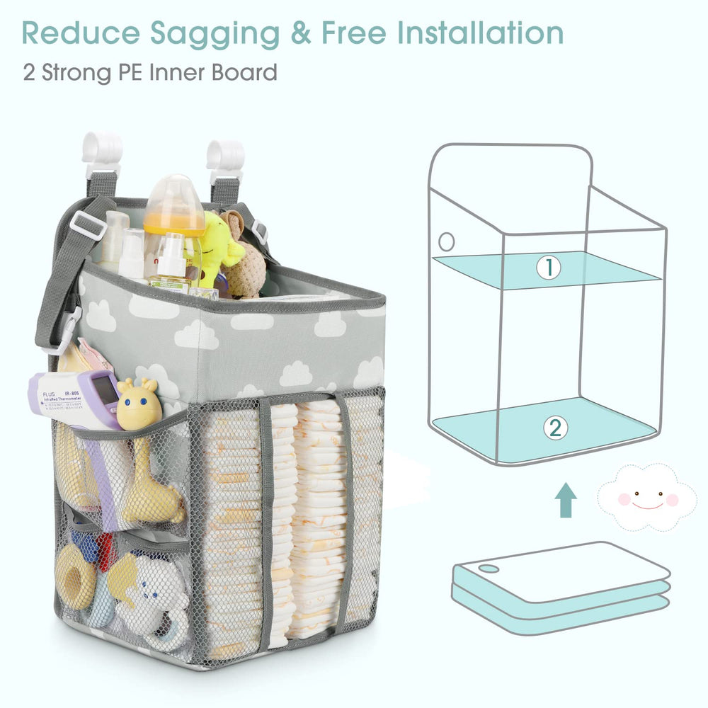 Maliton caddy with C-clip hooks attached to crib for quick diaper access